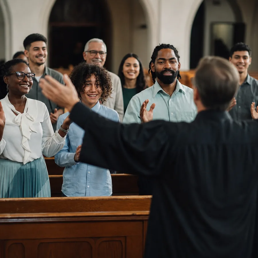A congregation of many backgrounds standing together as the minister turns to face them